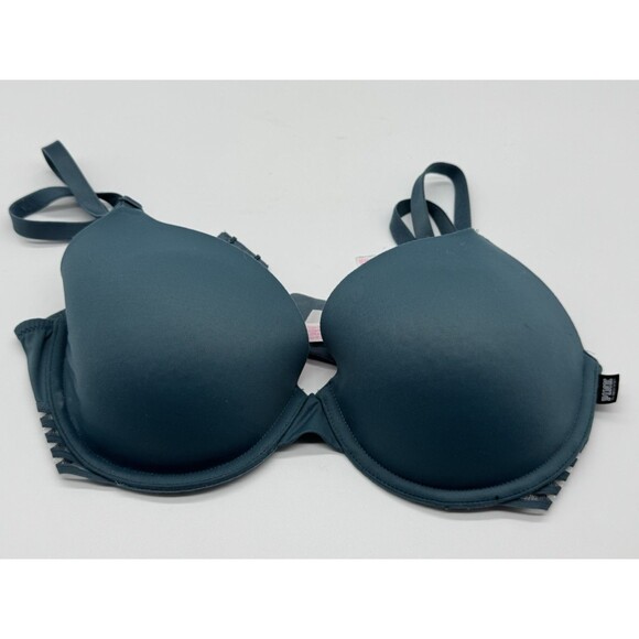 Victoria Secret Where Everywhere T-Shirth Lightly Lined Bra Sz 32DD Green Pink - Picture 1 of 5